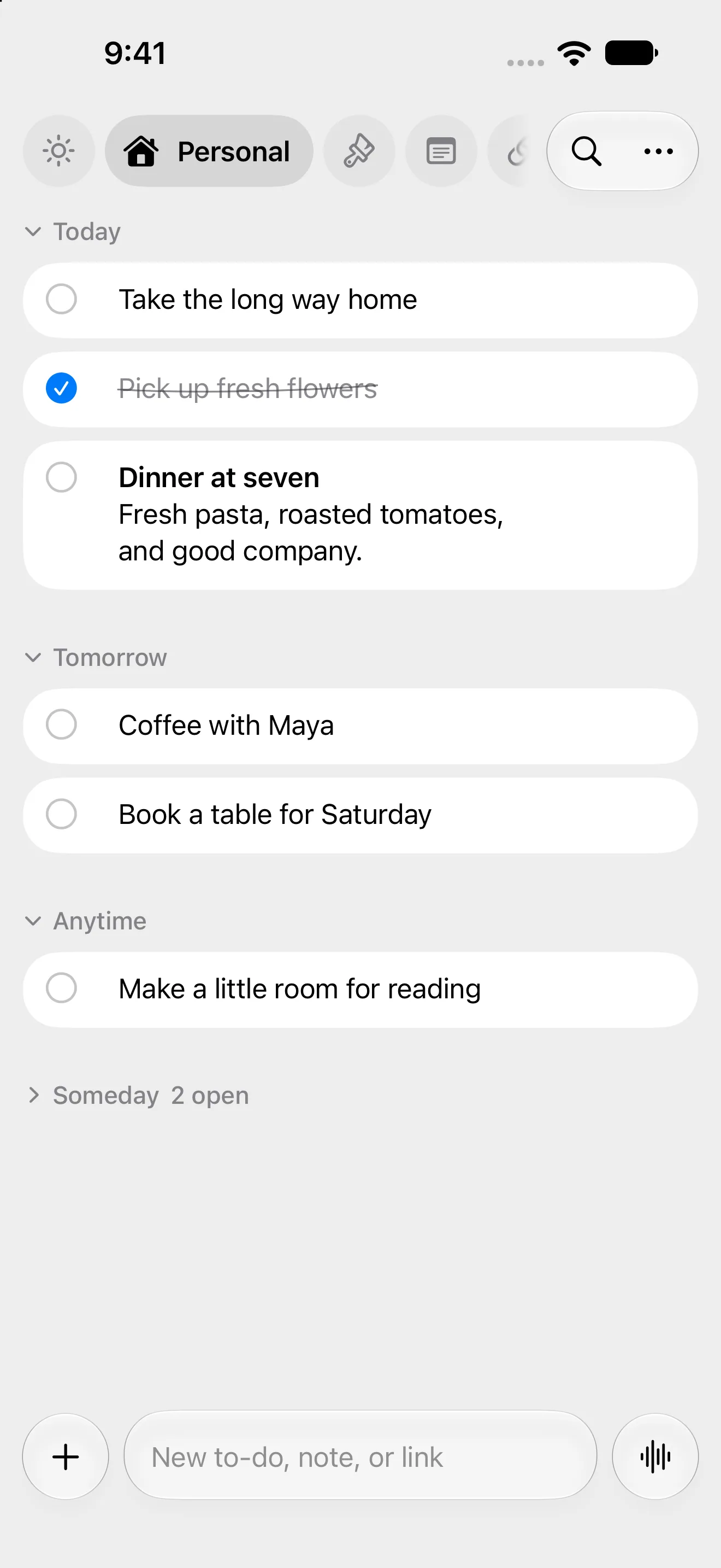 A Slate to-do board on iPhone, with items under Today, Tomorrow, and Anytime.