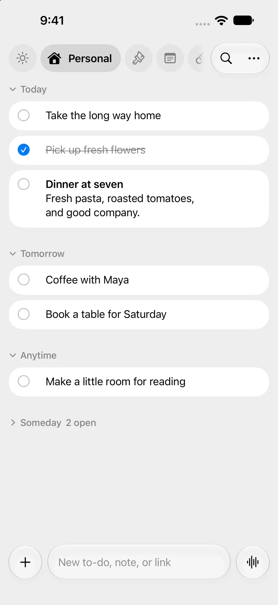 A Slate to-do board with items under Today, Tomorrow, and Anytime.