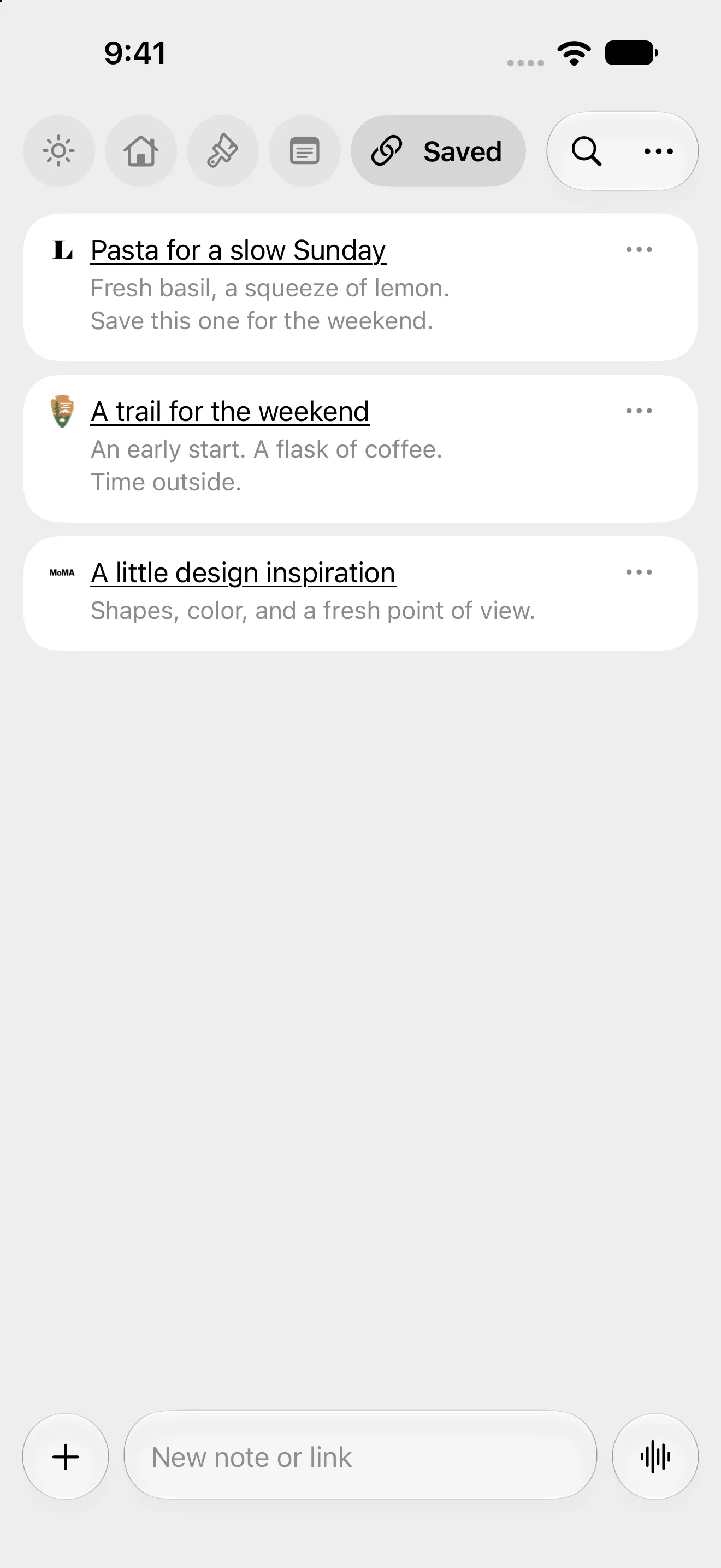 A Slate board of saved links, each with a title, favicon, and preview line.