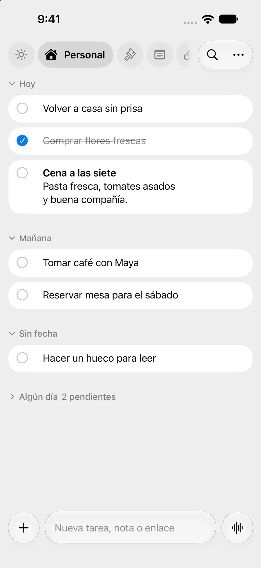Un tablero de tareas de Slate con elementos en Hoy, Mañana y Sin fecha.