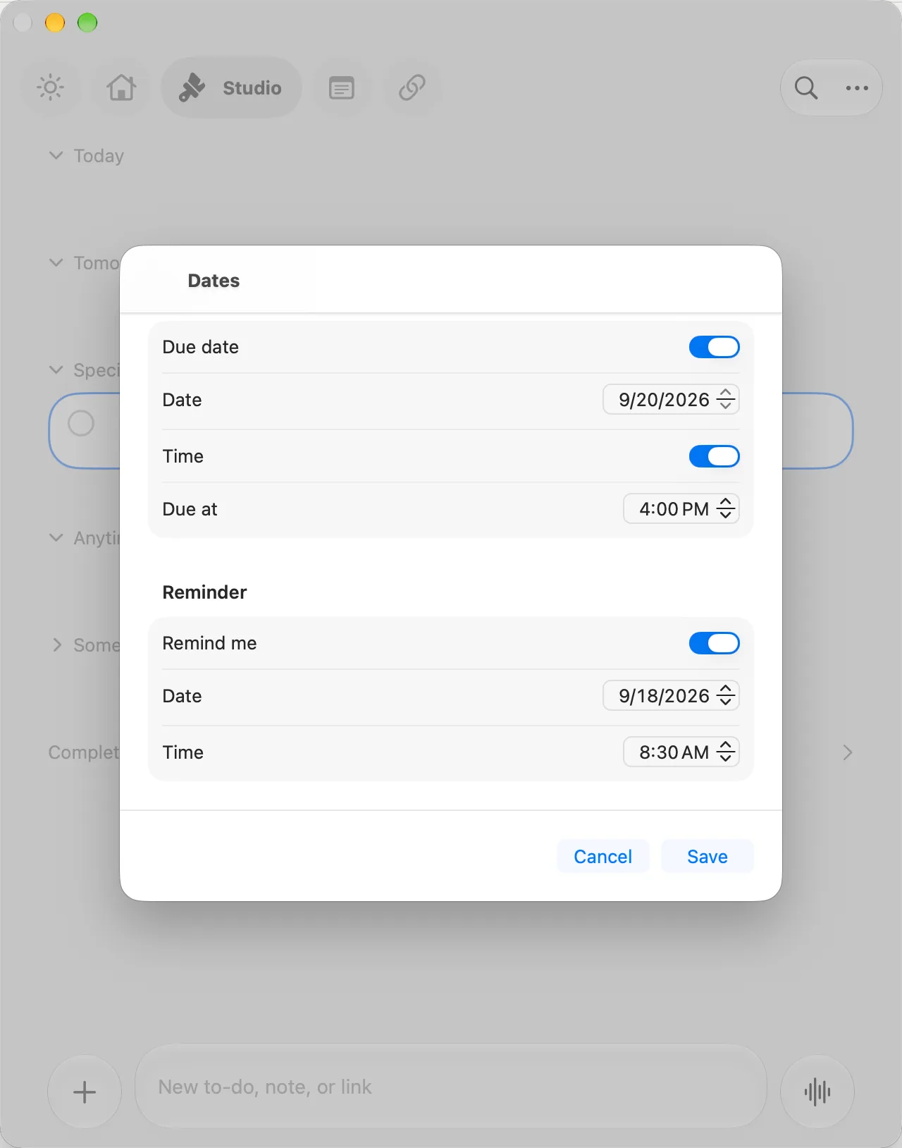 The Slate date and reminder sheet open on Mac, with due date, time, and reminder controls.